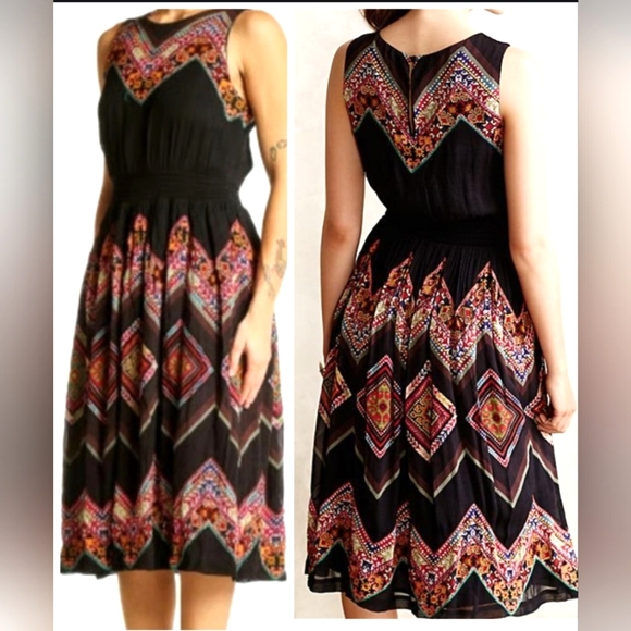 New Tanvi Kedia Anthropologie Dress Embroidered Chevron Midi V-Neck Rayon Boho - Picture 11 of 11